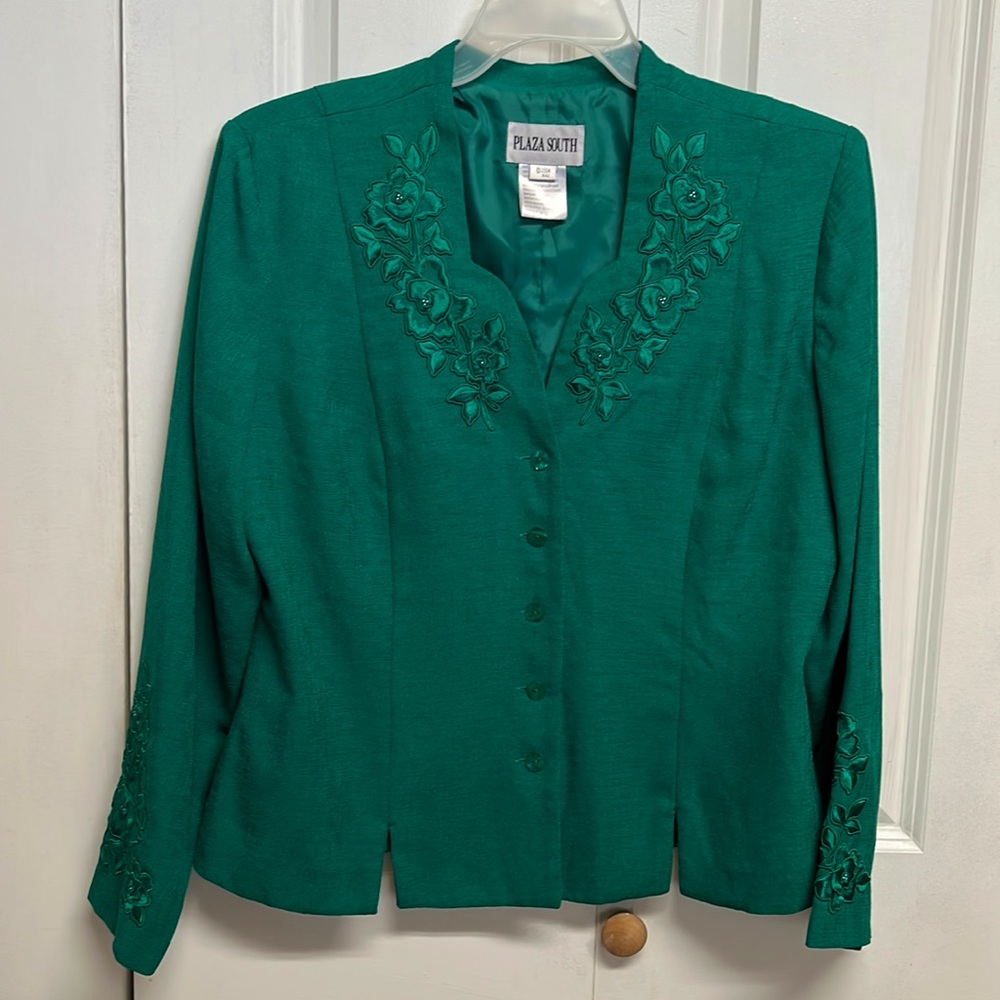 Vintage 2004 Plaza South Classic Green Beaded Embroidered Leaf Blazer Size 14
